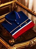 Men's Business Stripe Logo Button-Down Short Sleeve Polo T-Shirt