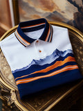 Men's Business Stripe Logo Button-Down Short Sleeve Polo T-Shirt